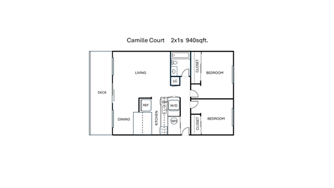 Floor plan for 2 beds, 1 bath, 940 sqft